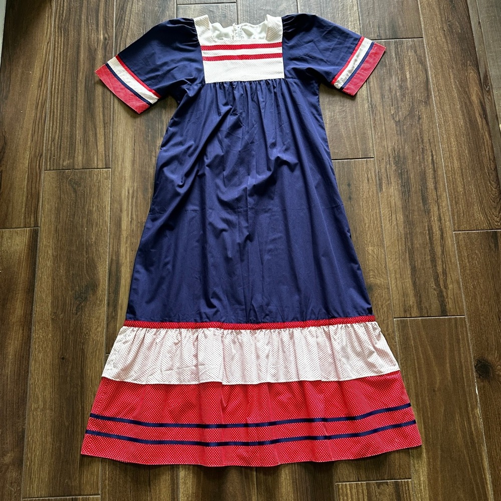 Vintage 70s Carol Bennett Red White Blue Polka Dot Maxi Dress Patriotic Muumuu M